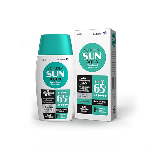 Venusia Water based sunscreen I SPF 65 I 8hrs hydration lock I UVA  UVB protection I Ultra light for Oily and acne skin I No white cast I 50 g Pack of 1