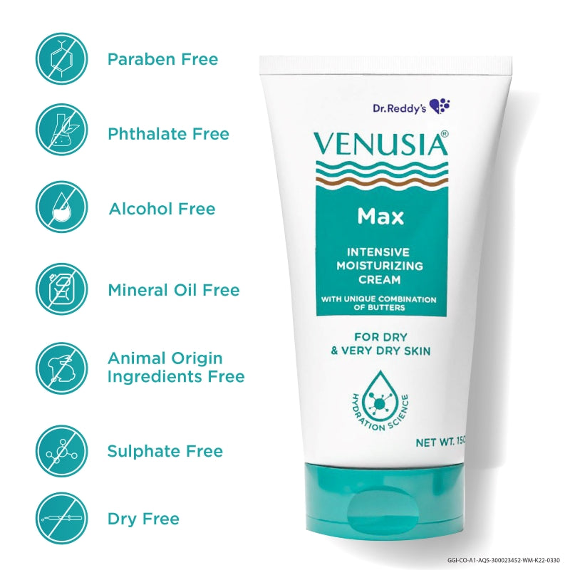 Dr. Reddy's Venusia Max Intensive Moisturizing Cream For Dry Skin To Very Dry Skin, Contains Shea, Mango, Aloe & Cocoa Butter, Paraben Free & Non Irritant formula,  Dermat Recommended I 150g