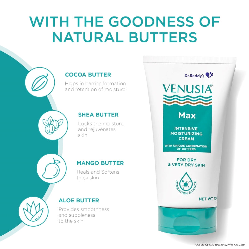 Dr. Reddy's Venusia Max Intensive Moisturizing Cream For Dry Skin To Very Dry Skin, Contains Shea, Mango, Aloe & Cocoa Butter, Paraben Free & Non Irritant formula,  Dermat Recommended I 150g