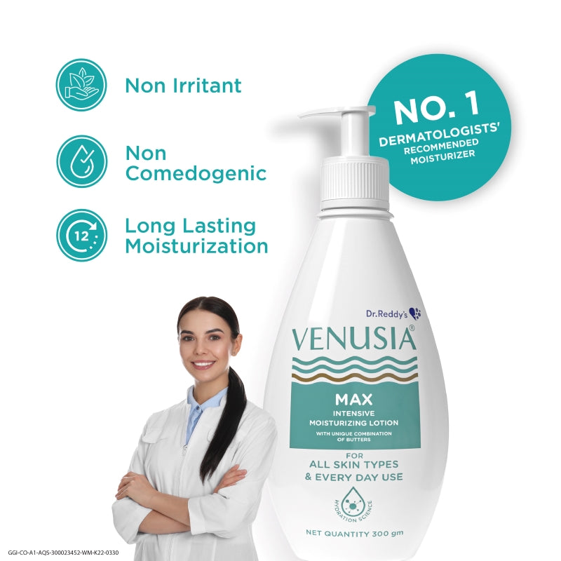 Dr. Reddy VENUSIA Max Intensive Moisturizing Lotion, Repairs Dry Skin, Soft & Smooth, Moisturized & Hydrated Skin For Upto 12 Hours. Contains Shea, Mango, Aloe & Cocoa Butter, Paraben Free & Non Irritant formula,  Dermat Recommended | 300g