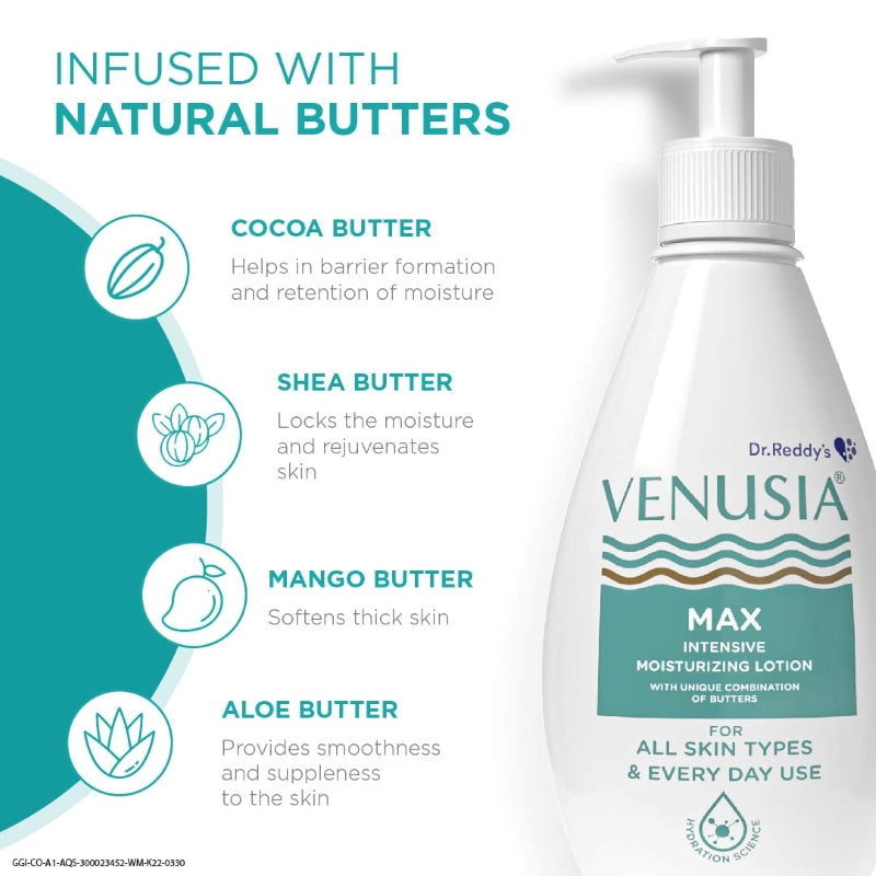 Dr. Reddy's Venusia Max Intensive Moisturizing Lotion, 500g & Venusia Moisturizing Bathing Bar, Syndet Bar, 75gfor All Skin Types, Repairs Dry Skin, Soft and Smooth Skin, Moisturized and Hydrated Skin (Combo)